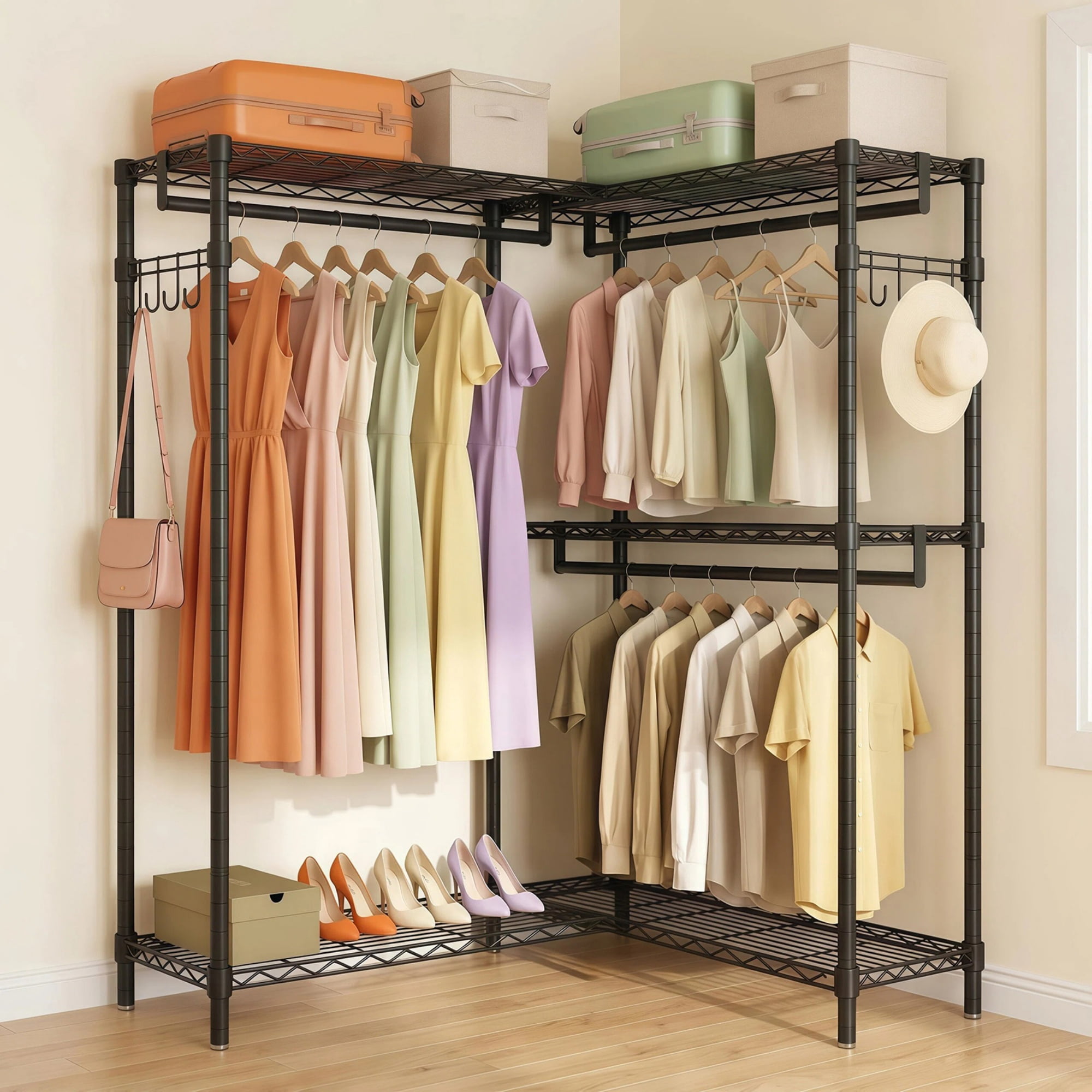 L-Shaped Heavy Duty Clothes Rack for Corner with 3 Hanging Rods and 2 Side Hooks, Freestanding Garment Rack with Adjustable Shelves for Bedroom, Black
