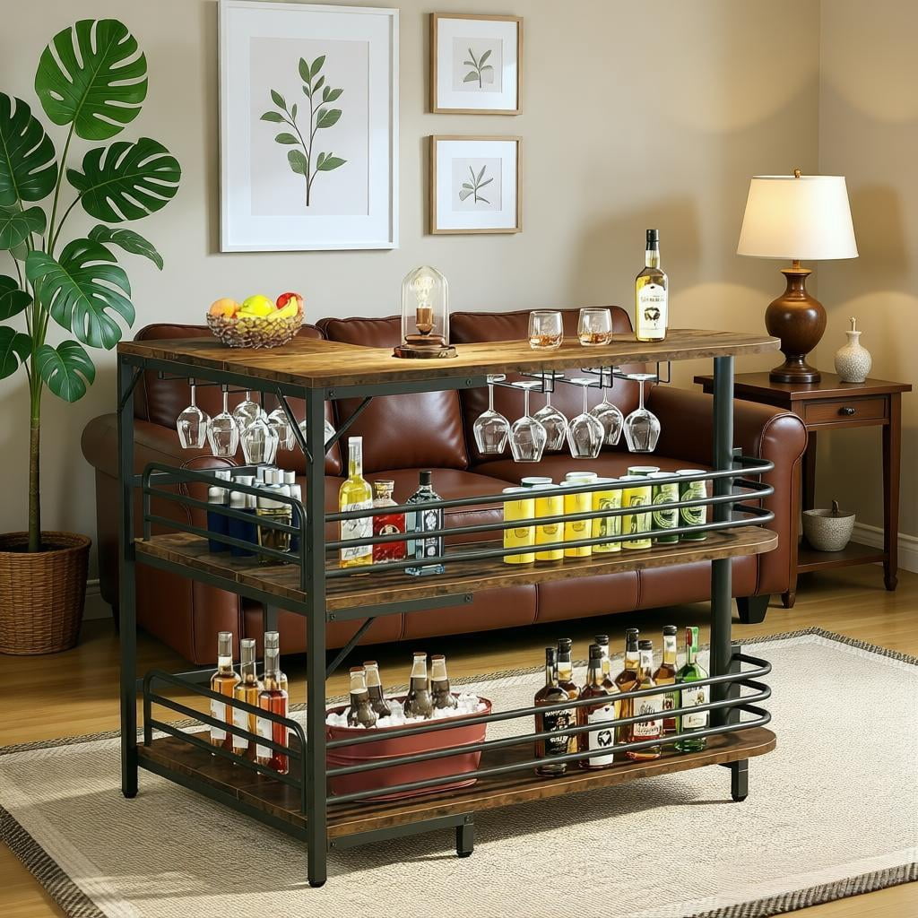 L-Shaped Home Bar Table with Wine Rack and Stemware Holder, 47 Inch ...