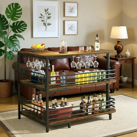 L-Shaped Home Bar Table with Wine Rack and Stemware Holder, 47 Inch Rustic Brown Bar Cabinet for Kitchen, Dining Room, Man Cave, Game Room, Home Bar Setup, Entertainment Center, 220 lbs Capacity