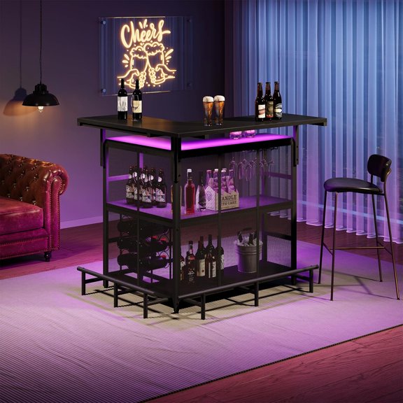 L-Shaped Home Bar Table with LED Light, 4-Tier Shelves & Glasses Holder, Corner Liquor Cabinet for Kitchen Pub