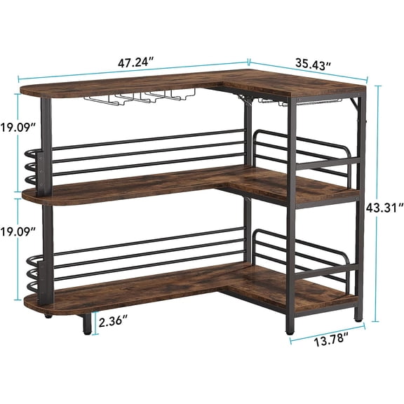 L-Shaped Home Bar Unit, 3 Tier Liquor Table With Storage Shelves and Wine Glasses Holder, Industrial Corner Wine Cabinet Mini Bar for Home Kitchen Pub, Rustic Brown