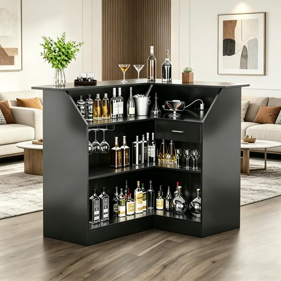 L-Shaped Home Bar Unit, 4-Tier Corner Liquor Bar Cabinet with Power Outlet, Drawer & Stemware Racks, Modern Wine Cabinet Reception Desk with Storage for Home Pub, Living Room, Basement