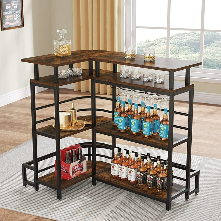 L-Shaped Home Bar Unit with 4 Glasses Holders and 4 Tier Shelves - Brown
