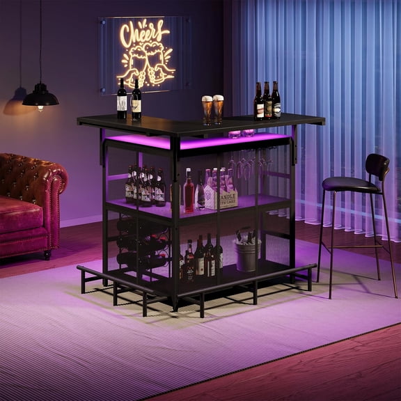 L-Shaped Home Bar Unit with LED Light and Storage for Kitchen Pub