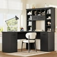 thumbnail image 1 of L-Shaped Home Office Computer Desk with Electrical Outlet and 2 Cabinets, Modern Office Corner Computer Table with 2 Drawers and 11 Open Shelves for Study, Living Room and Office, Black, 1 of 1