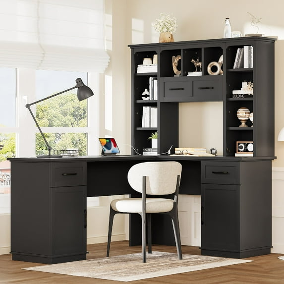 L-Shaped Home Office Computer Desk with Electrical Outlet and 2 Cabinets, Modern Office Corner Computer Table with 2 Drawers and 11 Open Shelves for Study, Living Room and Office, Black