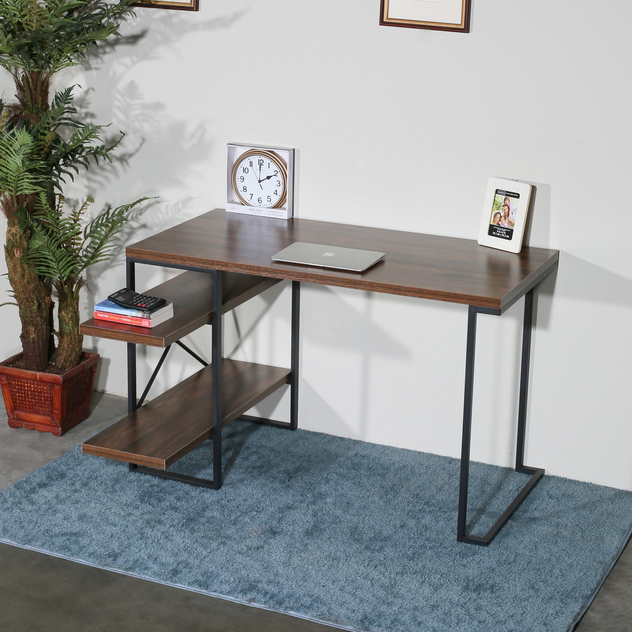 Antique Wood and Black Metal L-Shaped Writing Desk with Shelves