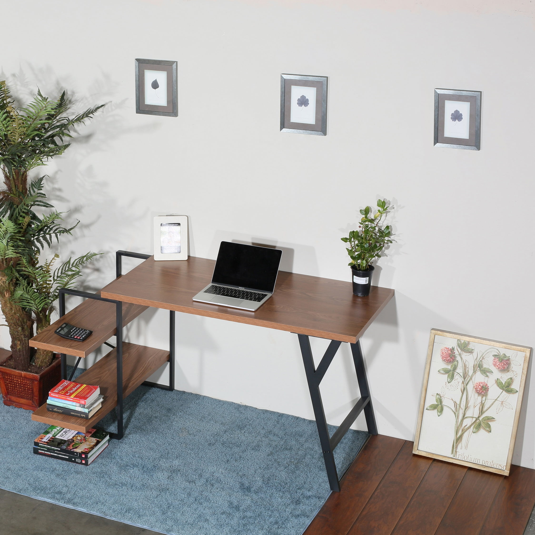 Walnut L-Shaped Home Office Desk with Metal Frame