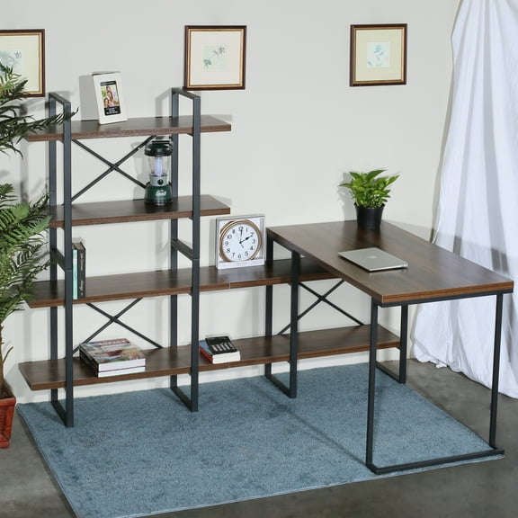 L - Shaped Home Office Desk with 6 Antigue Wood Shelves