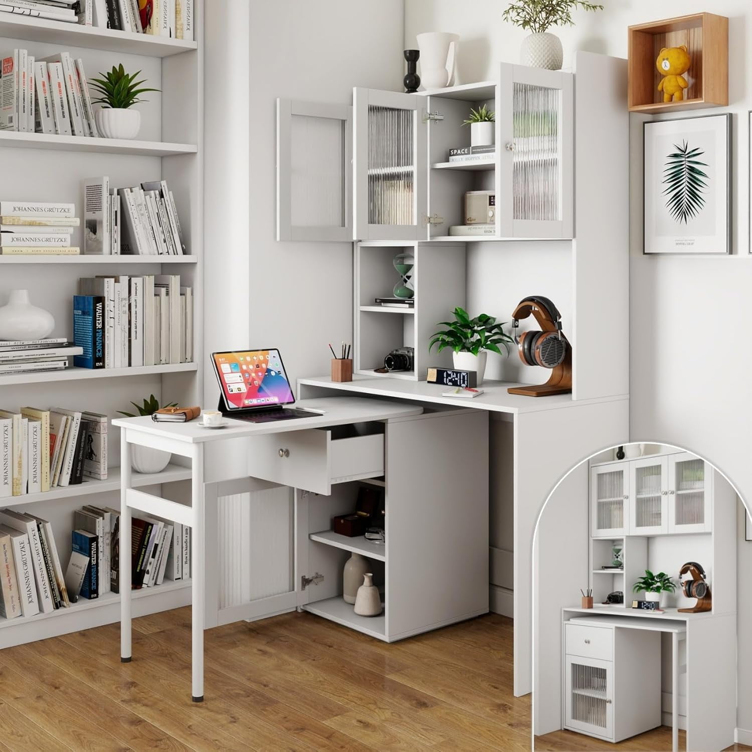 L Shaped Home Office Desks with 90° Rotating Retractable Desktop, Glass Door, Hutch, Drawers, Bookshelf & Storage Shelves, Modern Gaming Computer Corner Table for Work, Study, Writing, White