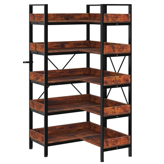 L-Shaped Industrial Bookshelf  65" 5-Tier Reversible Corner Bookcase, Open Wooden Shelves, Metal Frame, Adjustable Feet, Space-Saving Office Storage Rack for Home, Living Room 5th Floor