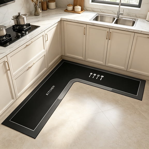 L-Shaped Kitchen Corner Rug, Anti-Slip Water Absorbent Bathroom Floor Mat, Stain Resistant Machine Washable Corner Carpet for Household Sink Area, Kitchen and Bathroom Indoor Corner Decor