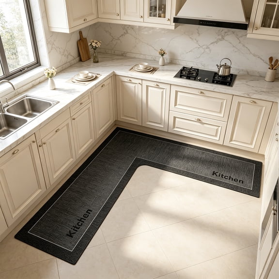 L Shaped Kitchen Mat 59 x 59 in Diatomaceous Earth Kitchen Floor Rug, Fast Dry Oil Proof Non Slip Washable Runner for Sink Stove Corner Kitchen Cushioned Floor Protection