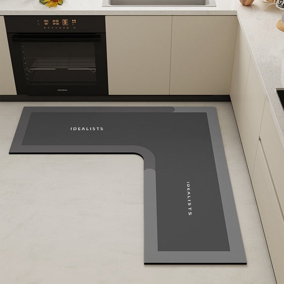L Shaped Kitchen Mat, Non-Slip Absorbent Floor Rug for Sink Counter, Corner Bathroom Mat with Memory Foam Cushion, Black, by Zovey