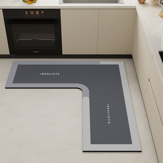 L Shaped Kitchen Mat, Non-Slip Absorbent Floor Rug for Sink Counter, Corner Bathroom Mat with Memory Foam Cushion, Gray, by Zovey