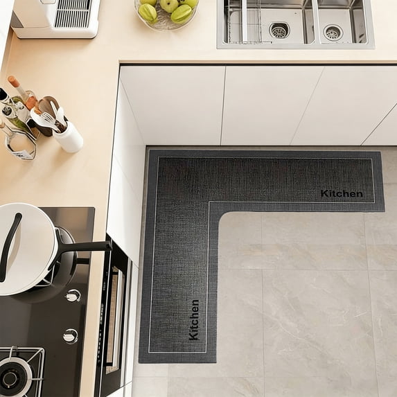 L-Shaped Kitchen Mat Wrap Around Corner Runner Washable Anti-Fatigue Rug For Cooking Station Black 47.2x29.5 Inch