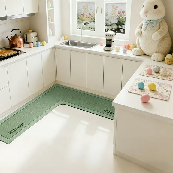 L-Shaped Kitchen Mat Wrap Around Corner Runner Washable Anti-Fatigue Rug For Cooking Station Green 47.2x29.5 Inch