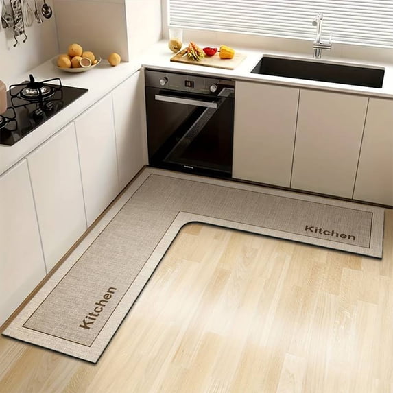 L-Shaped Kitchen Rug, Absorbent Non-Slip Corner Carpet Mat, Velvet Fleece Memory Foam Floor Mat, Machine Washable Mat for Cooking Area and Wet Floor Safety