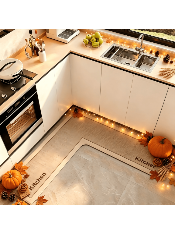 L Shaped Kitchen Rug Corner Mat Non Slip Memory Foam Machine Washable Absorbent Microfiber Rug for Floor For Cooking Station Khaki 47x30 Inch