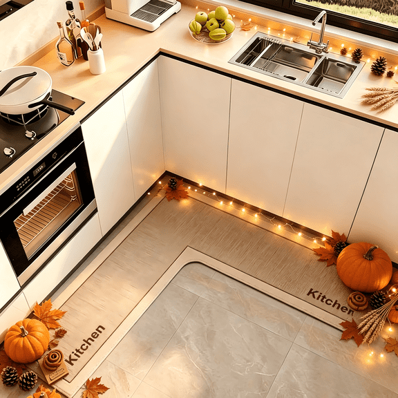 L Shaped Kitchen Rug Corner Mat Non Slip Memory Foam Machine Washable Absorbent Microfiber Rug for Floor For Cooking Station Khaki 47x30 Inch