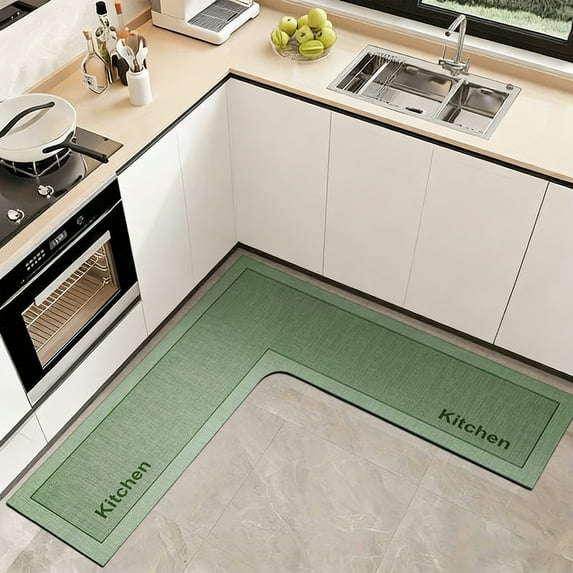 L-Shaped Kitchen Rug, Non-Slip Oil & Water Resistant Easy to Clean Low-Profile Kitchen Mat for Sink Stove Floor Decor, Green