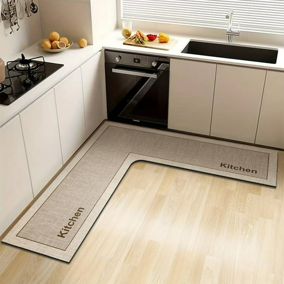 L-Shaped Kitchen Rug, Non-Slip Oil & Water Resistant Easy to Clean Low-Profile Kitchen Mat for Sink Stove Floor Decor, Khaki