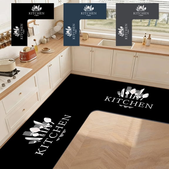 L-Shaped Kitchen Rugs, Non-Slip Absorbent Washable Corner Mat, Black Velvet Memory Foam, 47.2"x29.5" by PALIFEUR