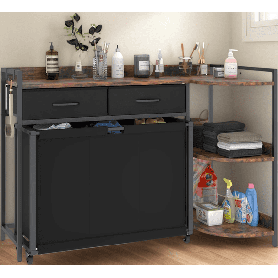 L Shaped Laundry Hamper, Mobile Laundry Sorter with Large Desktop, 2 Drawers and 3-Tier Storage Shelf, 3 Pull-Out Laundry Bags with 4 Universal Wheels, Multifunctional Laundry Organizer