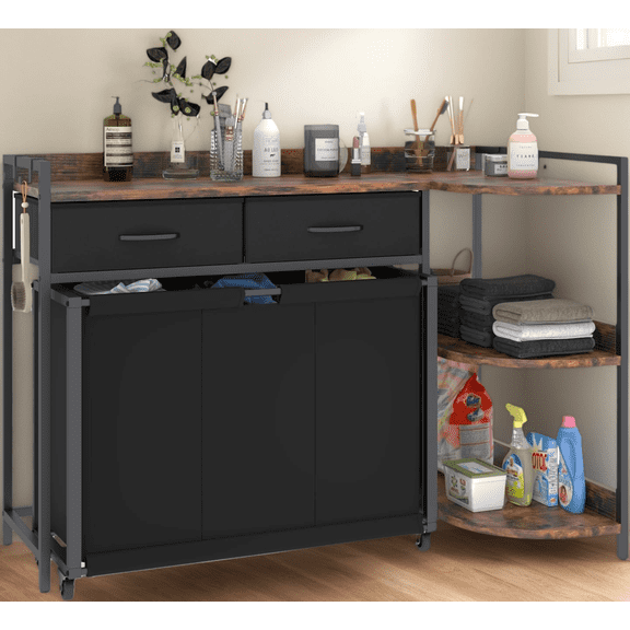 L Shaped Laundry Hamper, Mobile Laundry Sorter with Large Desktop, 2 Drawers and 3-Tier Storage Shelf, 3 Pull-Out Laundry Bags with 4 Universal Wheels, Multifunctional Laundry Organizer
