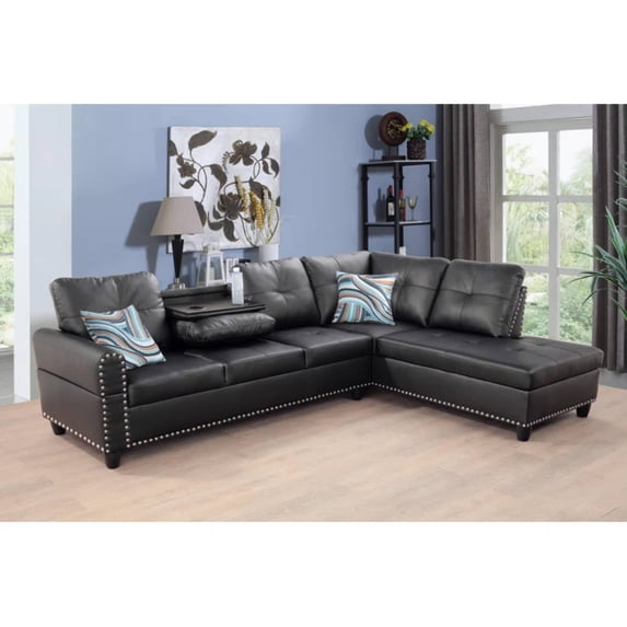 L-Shaped Leather Sectional Sofa with Chaise, Modular Tufted Couch Nail-Head Lounge Sofa for Living Room, Black
