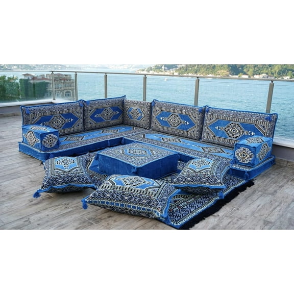 L Shaped Light Blue Arabic Sofa, Sleeper Sofa Bed, Floor Cushions, Turkish Sofa Set, Modular Couches, Diwan Sofa Floor Seating