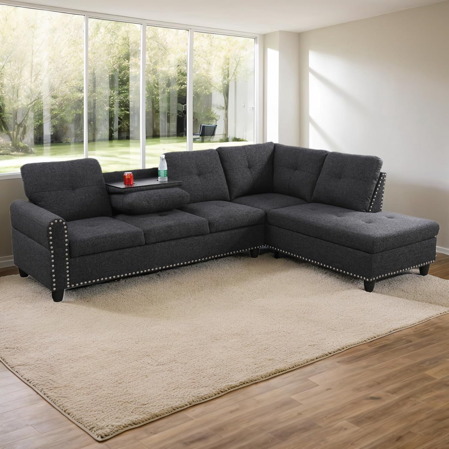 L-Shaped Linen Sectional Sofa with Chaise, Modular Tufted Couch Nail-Head Lounge Sofa for Living Room, Black