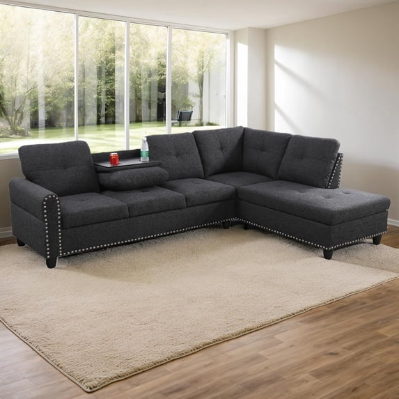 L-Shaped Linen Sectional Sofa with Chaise, Modular Tufted Couch Nail-Head Lounge Sofa for Living Room, Black