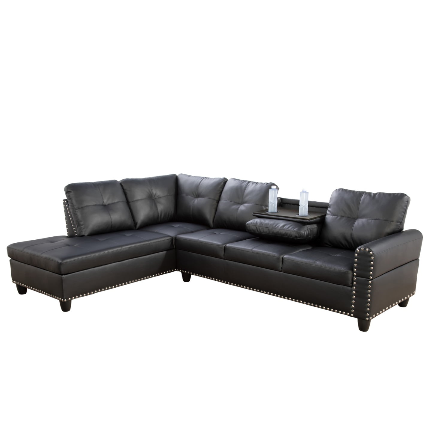 L-Shaped Linen Sectional Sofa with Chaise & Storage Tufted Sofa Couch Set for Living Room, Leather Black