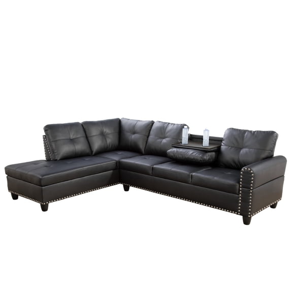 L-Shaped Linen Sectional Sofa with Chaise & Storage Tufted Sofa Couch Set for Living Room, Leather Black