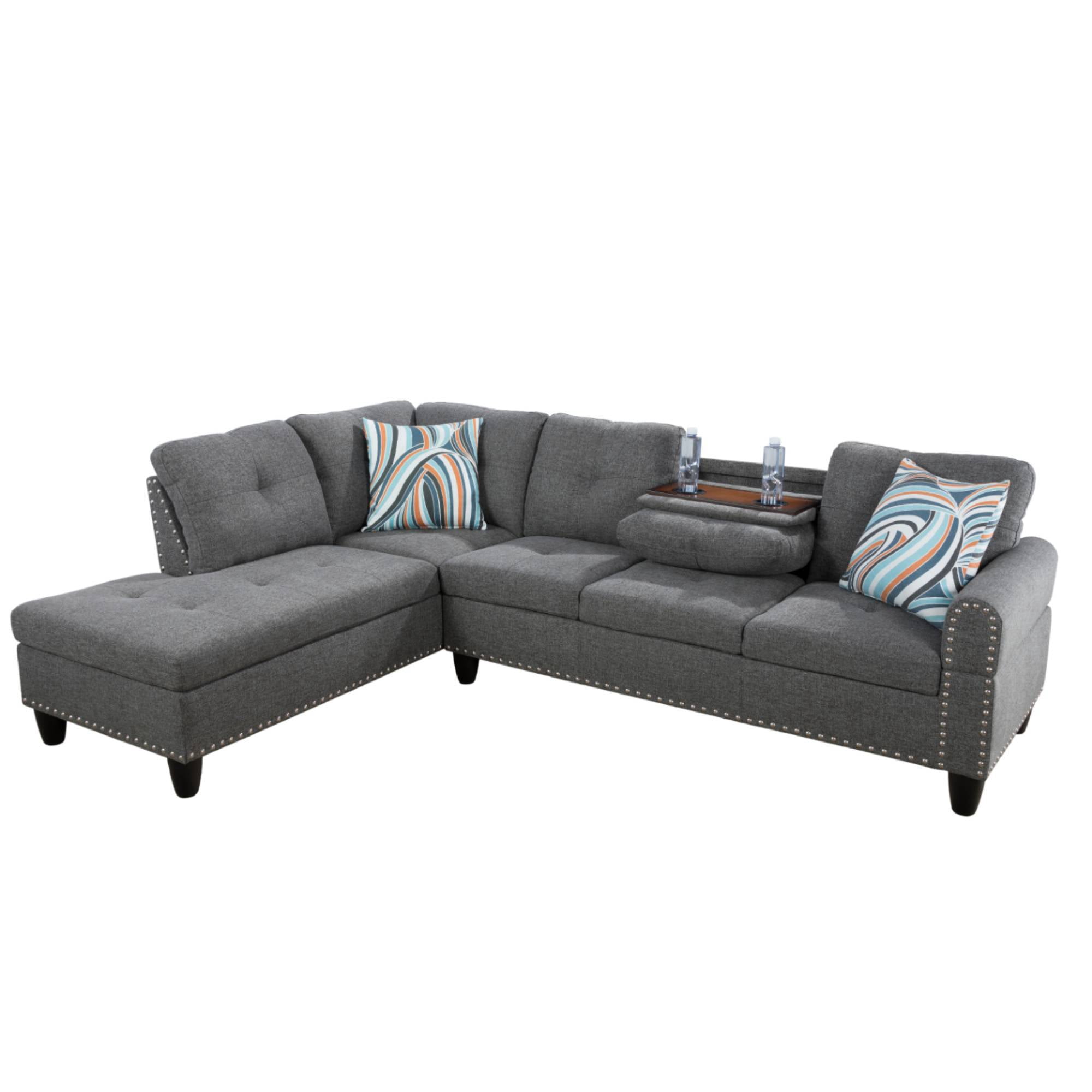 L-Shaped Linen Sectional Sofa with Left Chaise, Modular Tufted Couch Nail-Head Lounge Sofa for Living Room, Grey