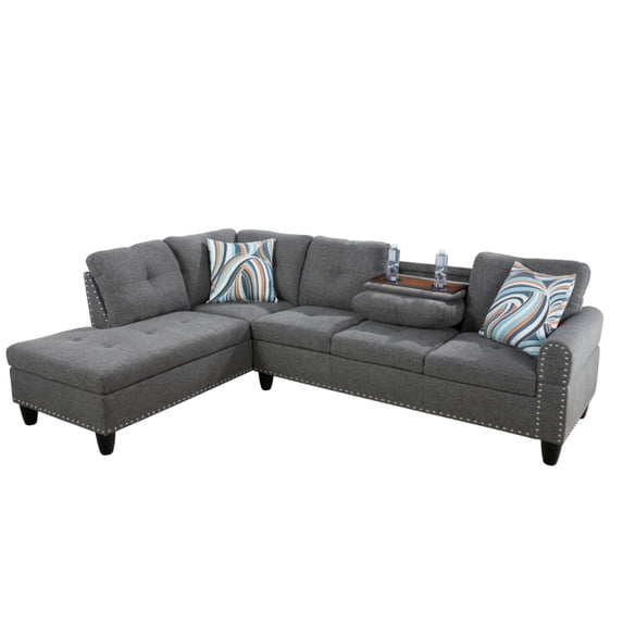 L-Shaped Linen Sectional Sofa with Left Chaise, Modular Tufted Couch Nail-Head Lounge Sofa for Living Room, Grey