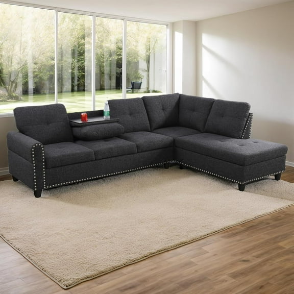 L-Shaped Linen Sectional Sofa with Right Chaise, Modular Tufted Couch Nail-Head Lounge Sofa for Living Room, Black