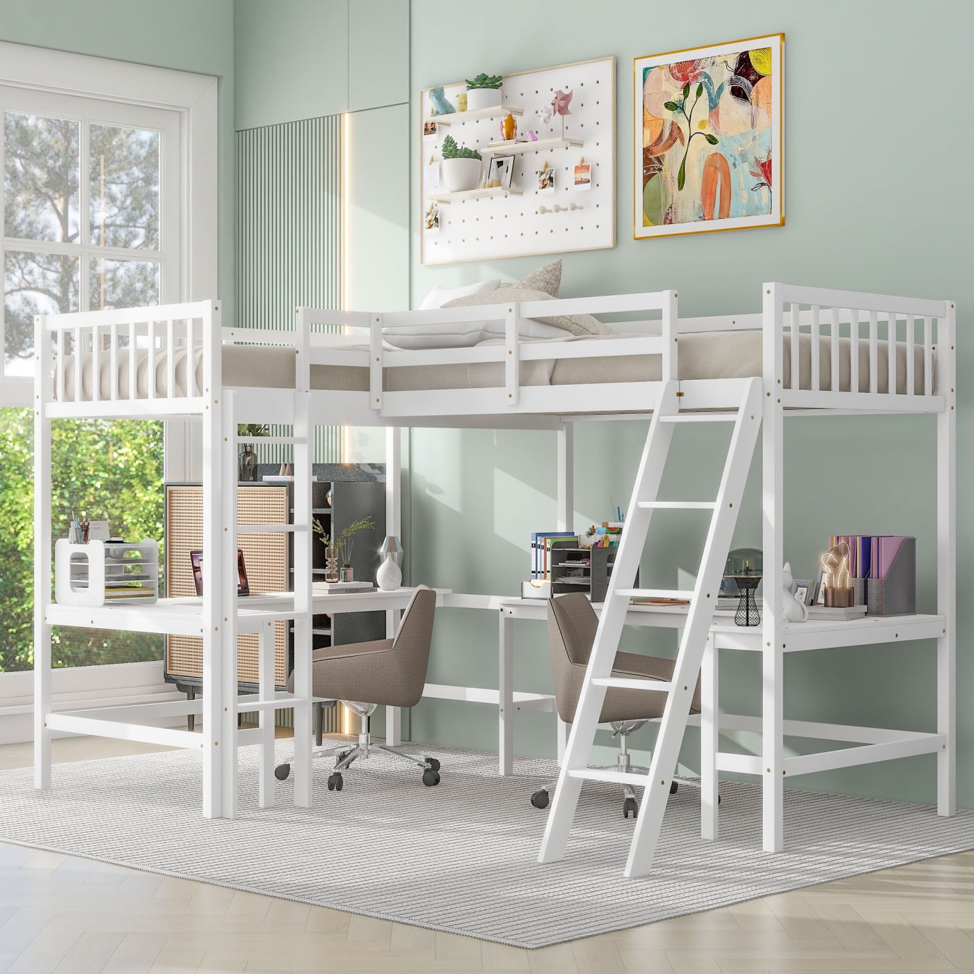 LShaped Loft Bed with 2 Builtin LShaped Desks, Wood Twin Size Loft