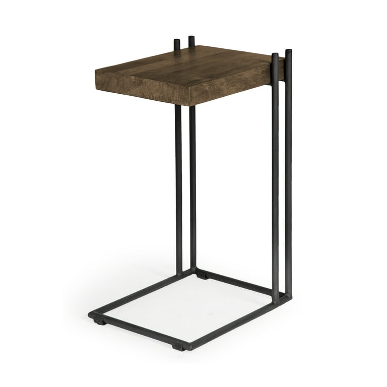 L-Shaped Medium Brown Wood Side Table With Black Metal Frame L-Shaped Medium Brown Wood Side Table With Black Metal Frame