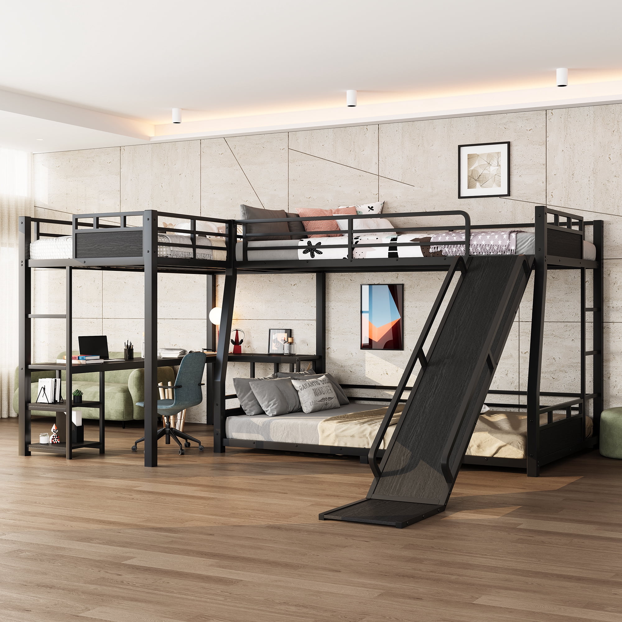 L-Shaped Metal Bunk Bed (Top bed:Full/FullXL, bottom bed: Queen) with ...