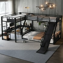 L-Shaped Metal Bunk Bed (Top bed:Twin XL, bottom bed: Queen) with Twin XL Loft Bed, Desk, and Storage Shelves Metal Triple Bunk Bed with Slide, Space-Saving and Quiet Design, Black