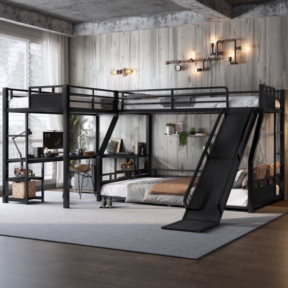 L-Shaped Metal Bunk Bed (Top bed:Twin XL, bottom bed: Queen) with Twin XL Loft Bed, Desk, and Storage Shelves Metal Triple Bunk Bed with Slide, Space-Saving and Quiet Design, Black