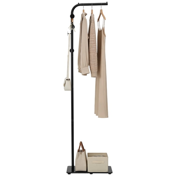 L-Shaped Metal Floor Coat Rack, Portable Standing Clothes Rack with Marble Base & 3 Hooks, Ball-End Top Hanging Bar, Clothing Stand for Bedroom, Entryway, Living Room, Small-Space Organizing