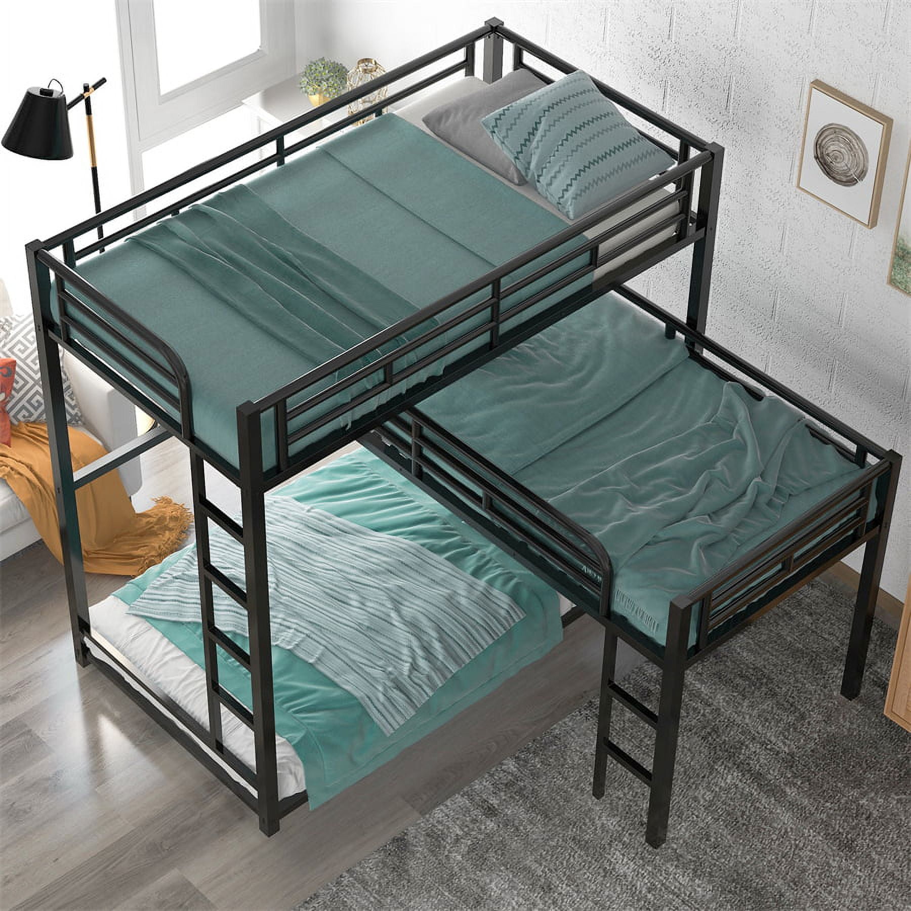 LShaped Metal Triple Bunk Bed with FullLength Guardrail, Twin Size