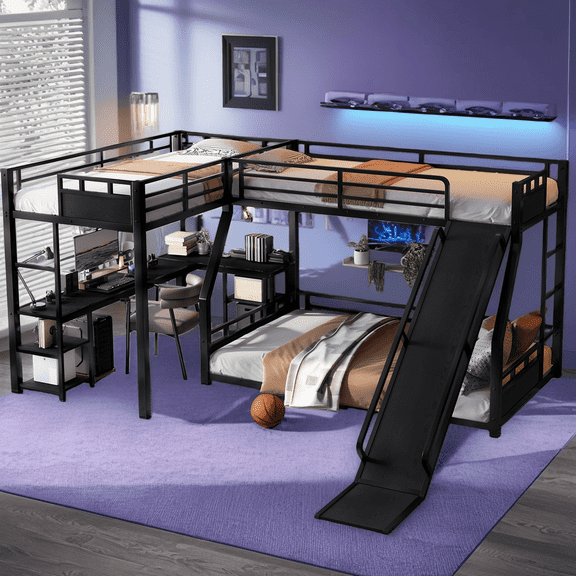 L-Shaped Metal Triple Bunk Bed with Slide, Twin XL Over Queen Bunk Bed with Twin XL Loft, Desk and Storage Shelves, Space-Saving Metal Bunk Bed for Teens, Shared Rooms, Black