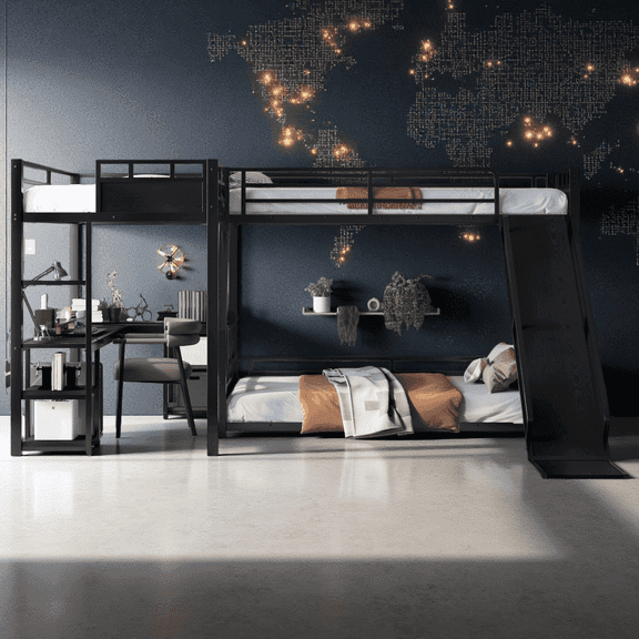 L-Shaped Metal Triple Bunk Bed, Twin XL over Queen with Twin XL Loft Bed, Slide, Desk and Storage Shelves, Space-Saving Quiet Design, Metal Frame for Shared Bedrooms, Black