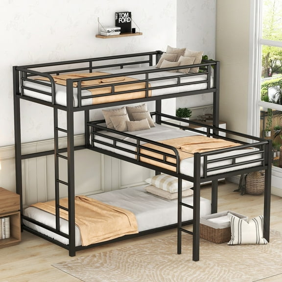 L-Shaped Metal Triple Twin Bunk Bed with Study Desk - Space-Saving Design, Sturdy Steel Frame with Safety Rails, Underbed Storage Area for Dorms & Small Rooms