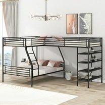 L-Shaped Metal Twin over Full Bunk Bed and Twin Size Loft Bed with Four Built-in Shelves,Black