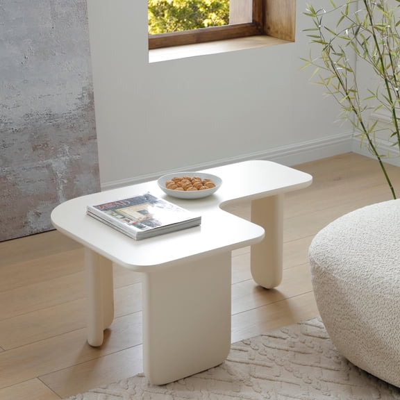 L-Shaped Modern Coffee Table with Multi-Layer Green Paint, Space-Saving Nesting Design for Living Room Apartment, Sofa Couch Side Table, Upgraded Sturdy Construction, White Finish
